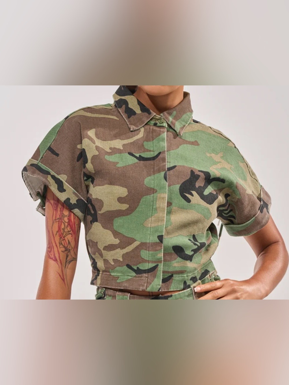 Like New AKIRA Green and Brown Camo Short-Sleeve Button Crop Shirt